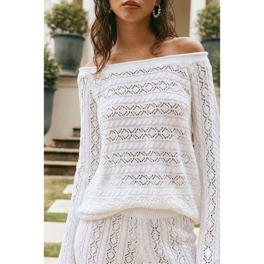 Sabo Cierra Off Shoulder Crochet Knit Top White Cotton Boho Beach Women XS 2